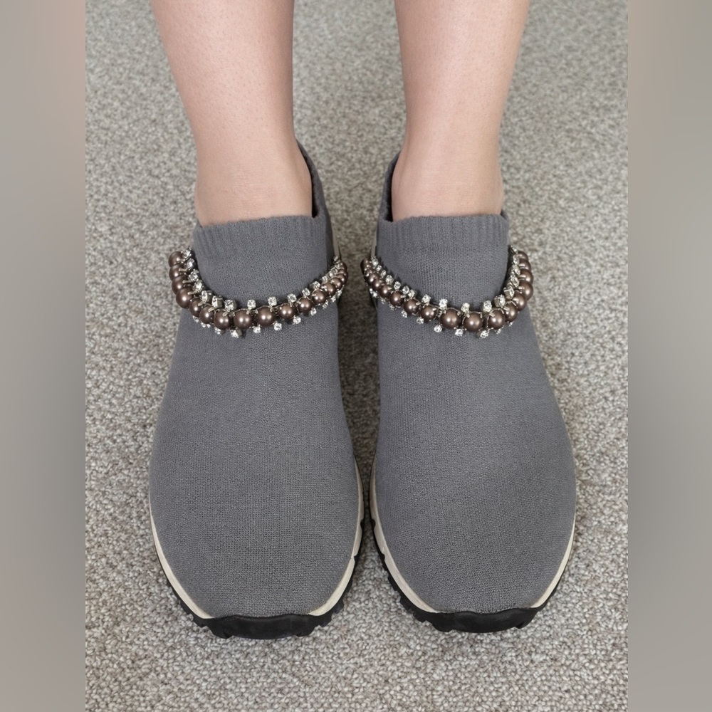 Jimmy Choo Gray Knit Slip-On Sneakers with Pearl & Crystal Collar